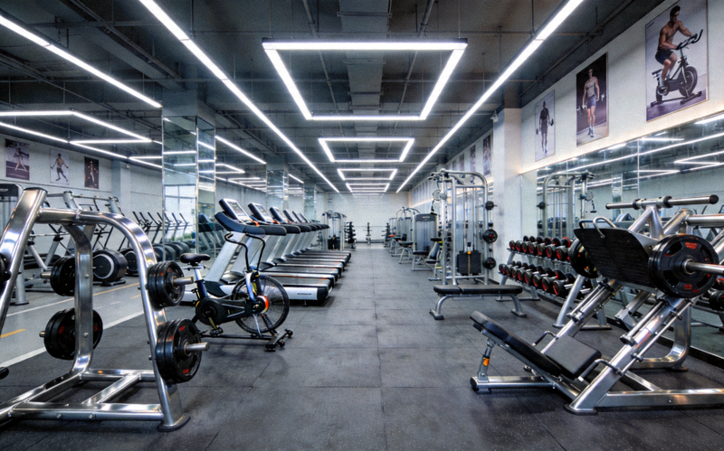 商业健身房内整齐排列的各类健身器械