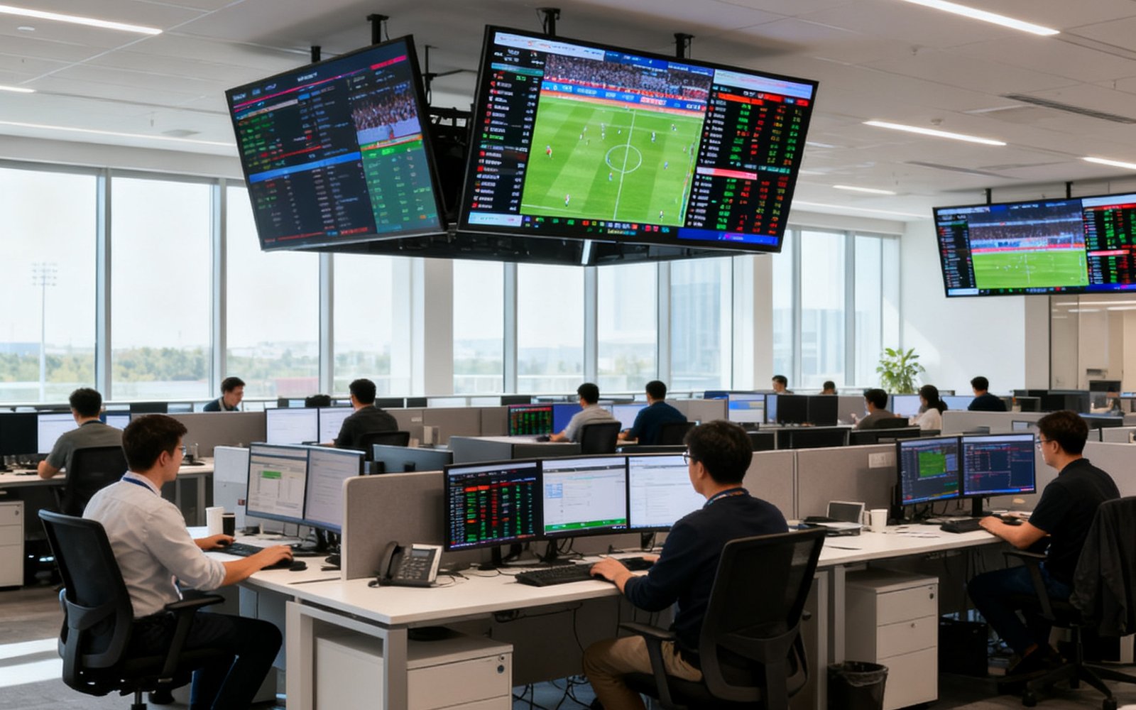 zoty中欧体育全站成都总部开放式办公区实景，宽敞明亮的空间内悬挂多块赛事数据实时监控大屏，数十名数据分析师正在工位上专注工作。