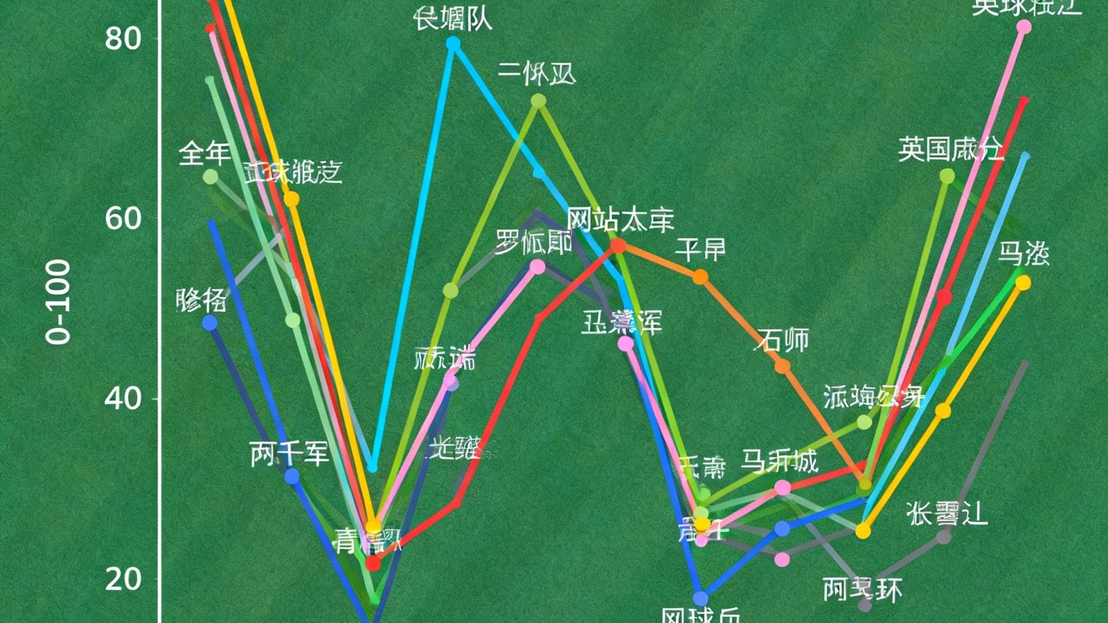 网球选手赛季状态曲线图表，横轴为月份，纵轴为综合表现评分，多条彩色曲线展示不同选手在全年各站赛事中的状态起伏。